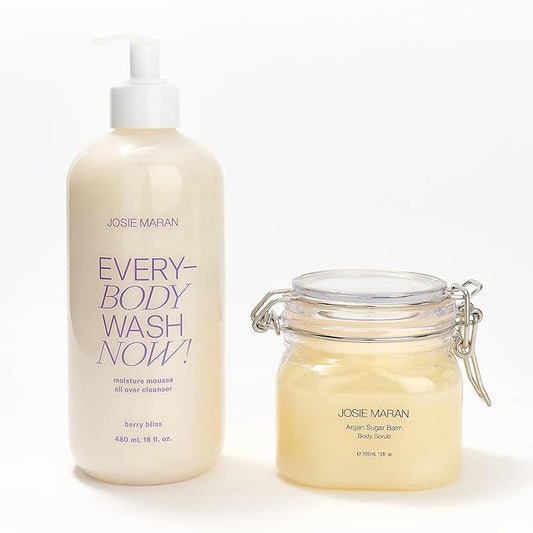 Josie Maran Sugar, Suds & Everything Nice Body Care Set - Includes EveryBODY Wash Now! and Argan Sugar Balm Body Scrub to Nourish & Exfoliate Skin - Berry Bliss (2 Count)-Velvo Beauty