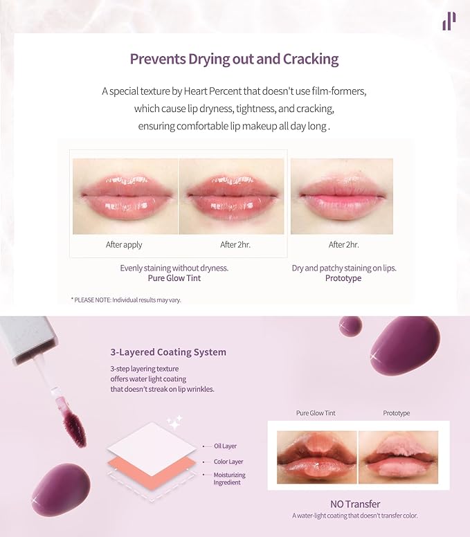 Heart Percent Dote On Mood Pure Glow Tint, Watery & Lightweight Moisturizing Lip Stain Long Lasting Liquid Lipstick 6.8g, #10. Fuchsia Pink-Velvo Beauty