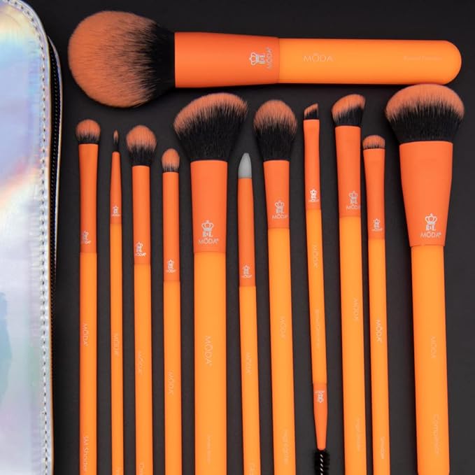 MODA Totally Electric Neon Orange Full Face Makeup Brush Kit – 13pc Vibrant Brush Set for Face & Eyes with Zip Case-Velvo Beauty