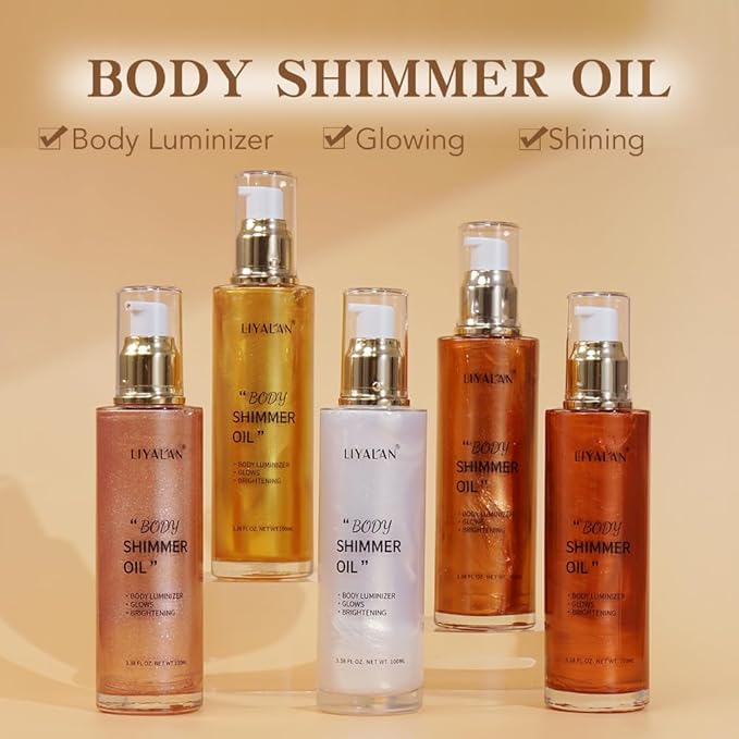 Liyalan Shimmer Body Oil Golden Brown 5 Color Bronze Face Glow Pearl Highlighter Illuminator Body Makeup Shine Glitter Gold Liquid Taning 3.38 Fl Oz-Velvo Beauty