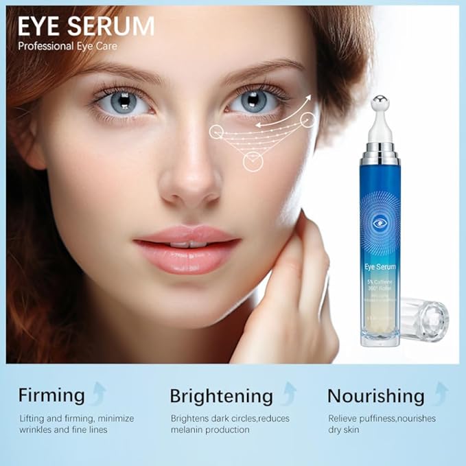 5% Caffeine Eye Serum, Under Eye Roller Cream for Dark Circles, Anti-aging Wrinkles And Firming, 360° Massage Ball Ice Roller For Fine Lines, Bags, Puffy Eyes, Eye Skin Care For Women Men (CAFFEINE)-Velvo Beauty