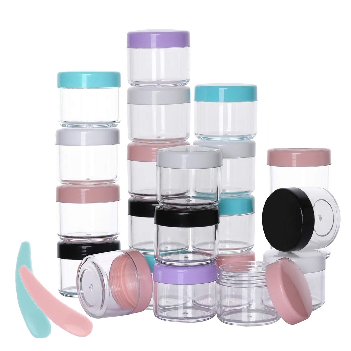 Refillable Cosmetic Sample Jars - 100 Pack 20g (0.7oz) Milti Color Small Travel Containers with Lids + 10 Mini Makeup Spatulas - BPA Free-Velvo Beauty