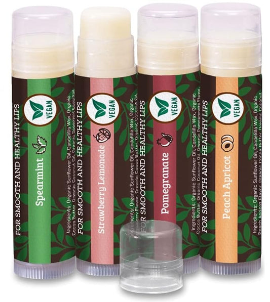 Vegan Lip Balm by Earth’s Daughter, Beeswax Free Lip Balm, Natural, Organic Flavors - 4 Pack of Assorted Flavors, Plant Based Vegan Chapstick, Lip Moisturizer-Velvo Beauty