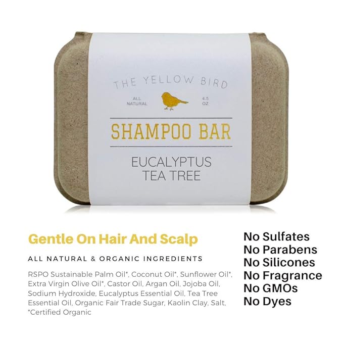 The Yellow Bird Eucalyptus Tea Tree Shampoo Bar. All Natural & Organic Ingredients. Sulfate Free, Detergent Free, Color Safe, and Silicone Free. Vegan, Plastic Free, Zero Waste Shampoo Soap-Velvo Beauty