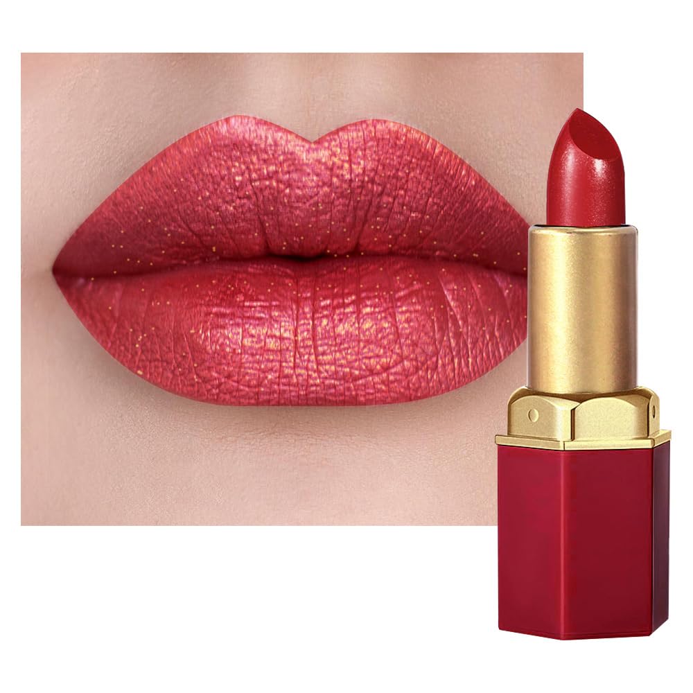Red Metallic Lipstick for Women,Lightweight Shimmer Frosted Lipstick,Glitter Lip Gloss Stain Long Lasting Waterproof Smudge Proof 24 Hour Full Coverage Lip Makeup,Vegan-Velvo Beauty