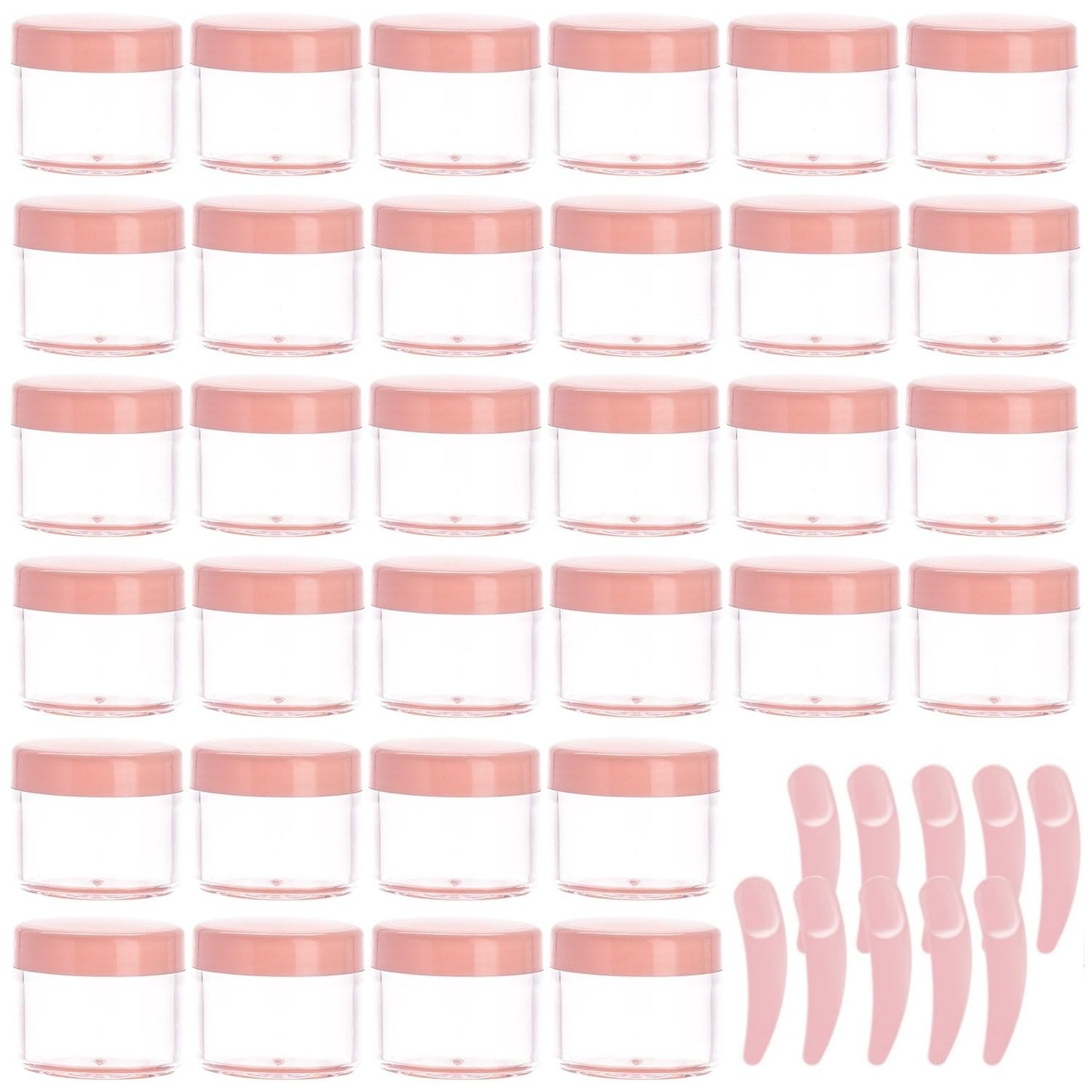Refillable Cosmetic Sample Jars - 100 Pack 20g (0.7oz) Pink Small Travel Containers with Lids + 10 Mini Makeup Spatulas - BPA Free-Velvo Beauty