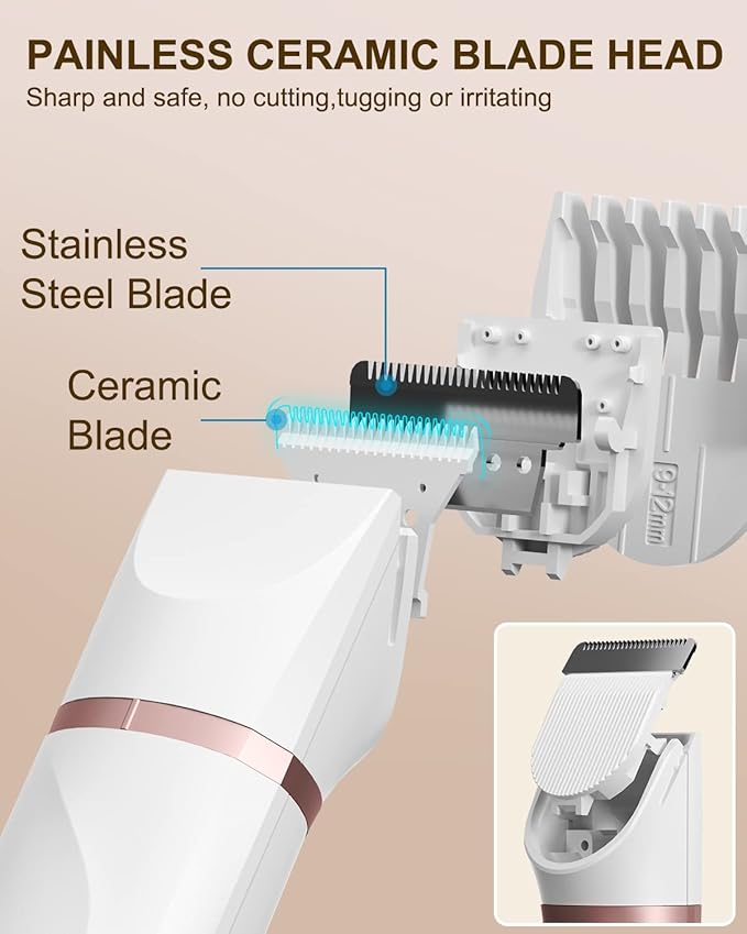 Bikini Trimmer Pubic Hair Trimmer for Women Legs Bikini Line Armpit Rechargeable Electric Shaver for Women Hair Removal with Snap-in Ceramic Blades IP7X Waterproof, White-Velvo Beauty