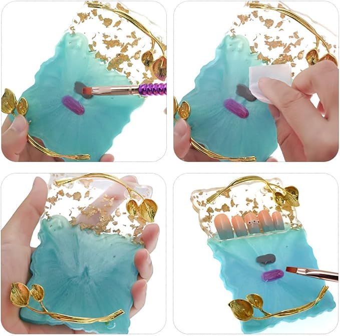 2023 Retro Nail Art Palette, Nail Painting Mixed Color Palette with Leaves Handle, Nail Holder Gel Color Makeup Display Board Pallet (Blue)-Velvo Beauty
