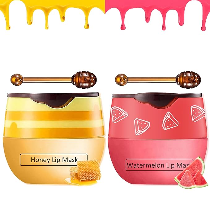 2 PCS Bee Lip Balm Honey Pot,Honey&Watermelon Lip Sleeping Mask,Hydrating Prevention Dry and Cracked Lip Scrubs Exfoliator Lip Care,Moisturizing Lip Mask Overnight-Velvo Beauty