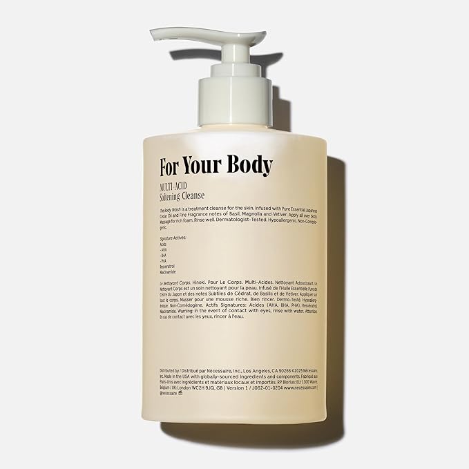 Nécessaire The Body Wash Hinoki. Natural Body Wash for Women & Men, Softening Shower Gel with Gentle Exfoliating Acids AHA/BHA/PHA. Gel Cleanse,16.9 fl oz-Velvo Beauty