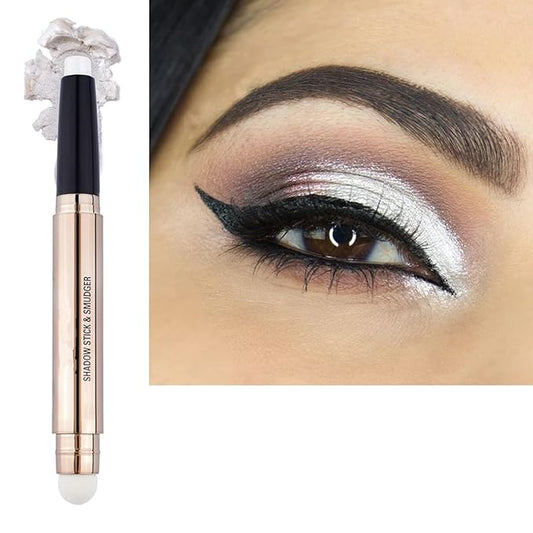 white Eyeshadow Stick And Sponge Makeup Brush Cream Shimmer Smooth Shadow Pencil Eyeliner Long Lasting Waterproof Eye Shadow Highlighter Stick Hypoallergenic Multi-Dimensional Eyes Look ( # 01)-Velvo Beauty