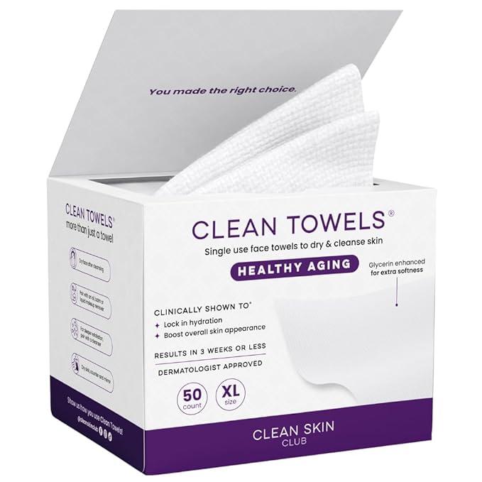 Clean Skin Club Clean Towels XL Healthy Aging™, Smooths Fine Lines Wrinkles & Texture In 6 Weeks, Treated for Extra Softness, Disposable Face Towels, Anti Aging Makeup Remover Dry Wipe (50 Ct, 1 Pack)-Velvo Beauty
