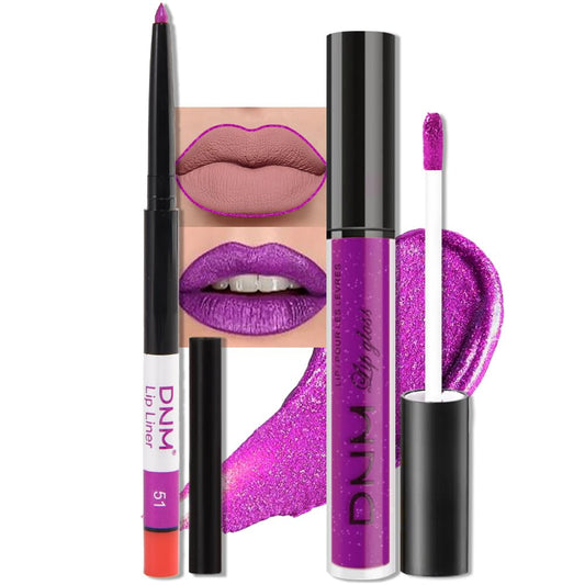 evpct 2Pcs Purple Shimmer Glitter Shiny Liquid Lipstick Lip Gloss Stain and Retractable Lip Liner Makeup Set for Women Long Lasting Waterproof 24 Hours Lipstick labial mate larga duracion 24 51#-Velvo Beauty