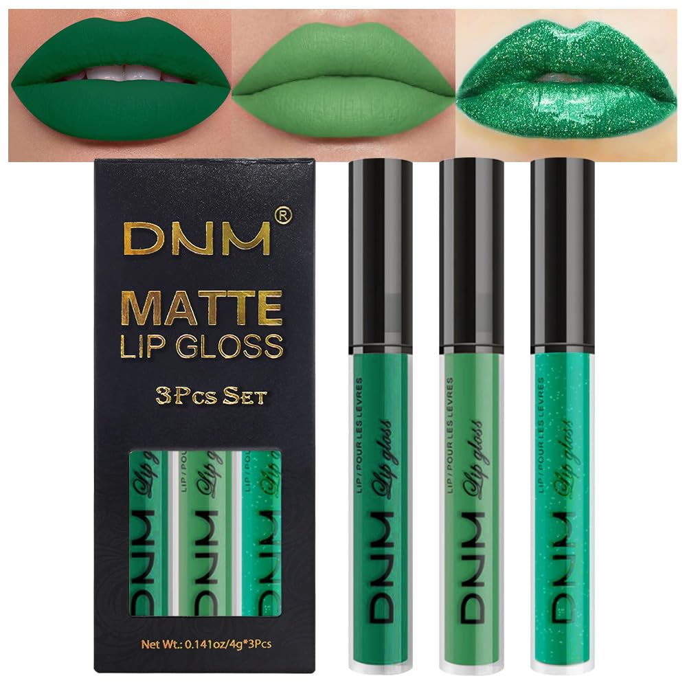 evpct 3Pcs Dark Pale Teal Forest Emerald Green Matte Glitter Shimmer Shiny Liquid Lipstick Lip Stain Sets for Women Matte+Lipstick Long Lasting Waterproof 24 hr Magic Lipstick 24 Hours original-Velvo Beauty