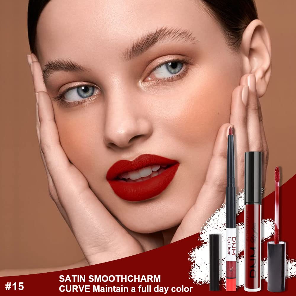 evpct 2Pcs Dark Red Maroon Matte Lipstick and Lip Liner Makeup Set for Women Dark Blood Red Liquid Matte Brown Lipstick Lip Liner Stain Long Lasting Waterproof Permanent Lipsticks 24 hours 15#-Velvo Beauty