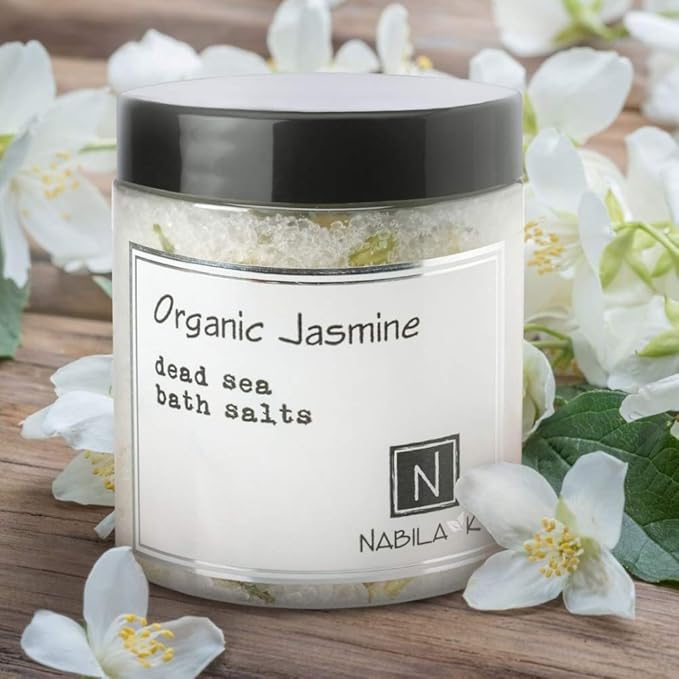 Organic Jasmine Bath Salts by Nabila K - Dead Sea Salt & Epsom Salt Scrub & Soak - Exfoliates & Hydrates Skin, Botanical Essential Oils - Bubble Bath Accessories for All Skins Types, 8 oz-Velvo Beauty