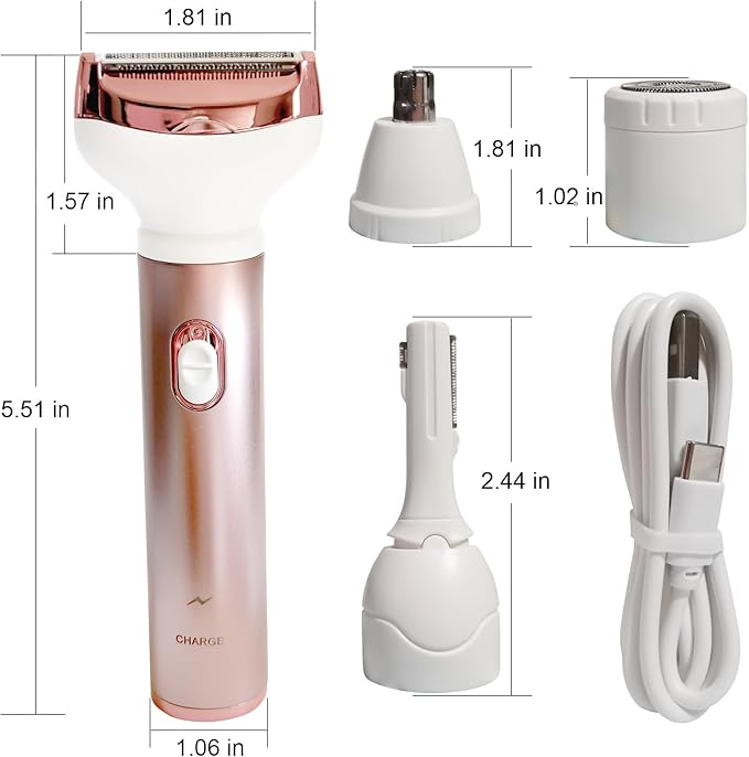 Electric Razor for Women, Hair Trimmer for Bikini Legs Womens Shaving Eyebrow Lips Body Face Beard Mustache Nose Arm Armpit Facial Hair Removal for Women's Shaver 4 in 1 Kit, Type-C Charging Port-Velvo Beauty