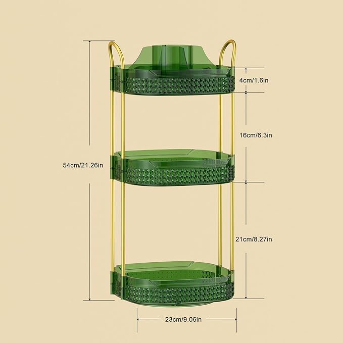 Rotating Makeup Organizer for Vanity 3 Tier, Perfume Organizer with Makeup Brush Holder, Large Capacity Cosmetics Clear Skincare Organizer for Countertop (Green)-Velvo Beauty