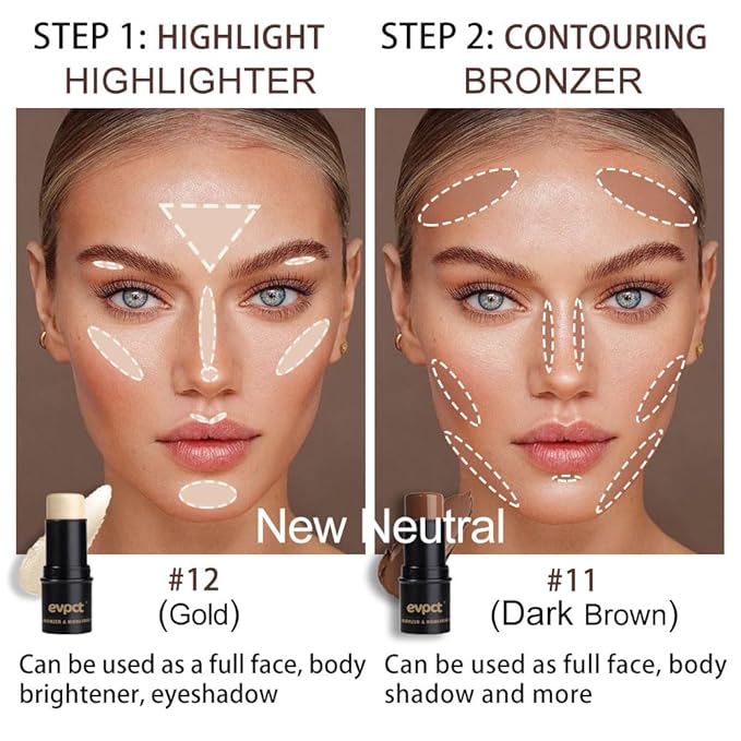 evpct 2Pcs Face Cream Contour Bronzer Sticks Makeup Highlighter Highlight Dark Brown Gold Creme Cheek Contour Sticks contorno en crema Bronzing Foundation Face Contour Stick Kit, 11+12 New Neutral-Velvo Beauty