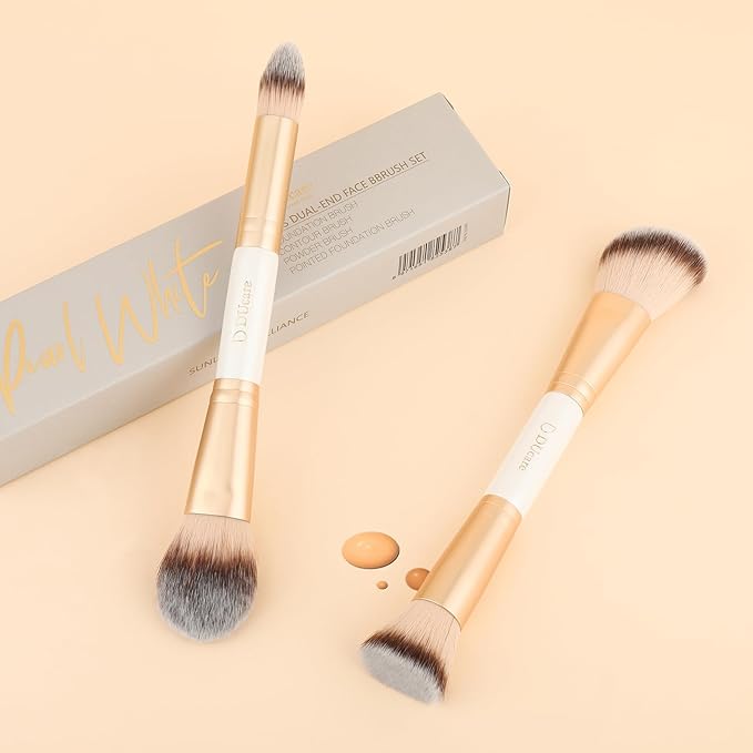DUcare Makeup Brushes Duo End Foundation Contour Powder and Buffer Brush Bronzer Double Makeup Brush Set 2Pcs white-Velvo Beauty