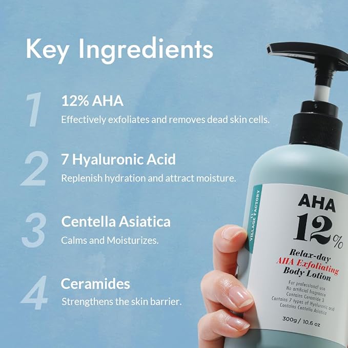V11FACTORY AHA 12% Glycolic Acid Body Lotion – Korean Exfoliating & Hydrating Body Cream with Hyaluronic Acid & Collagen – Unscented, Paraben-Free Skin Smoothing Moisturizer, 10.6 oz-Velvo Beauty