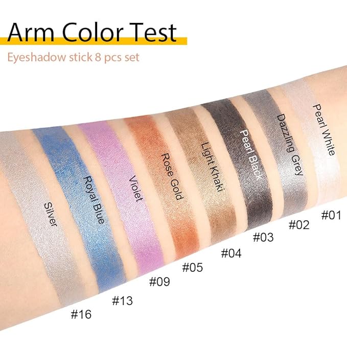 8Pcs Glitter Eye Shadow Sticks Liner Pencils Makeup, Pearl White Smokey Black Gray Silver Violet Purple Khaki Royal Blue Shimmer Glitter Eyeliner Pencil Cream Eyeshadow Palette Makeup for Older Women-Velvo Beauty