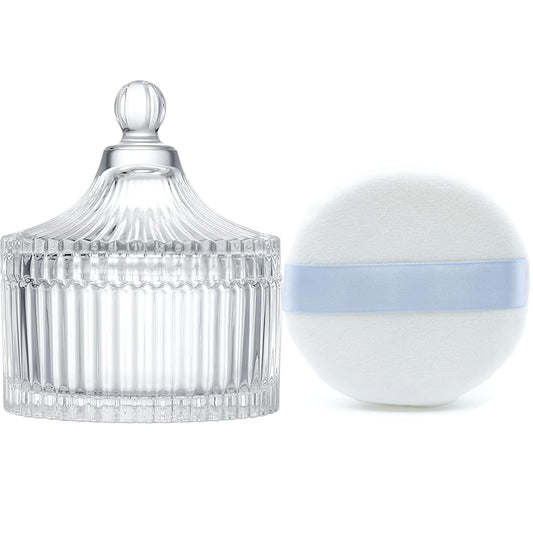 Ultra Soft Powder Puff and Container 3.3" High Density Velvet Dusting Washable Reusable Powder Puff,Bathroom Dressing Table Cotton Swab Storage Jar(Clear)-Velvo Beauty