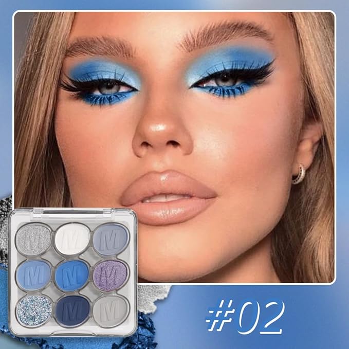 9 Colors Blue Silver Matte Shimmer Eyeshadow Palette for Eye Makeup,High Pigmented White Gray Eye Shadow Primers Powder Palet de sombras de ojos-Velvo Beauty