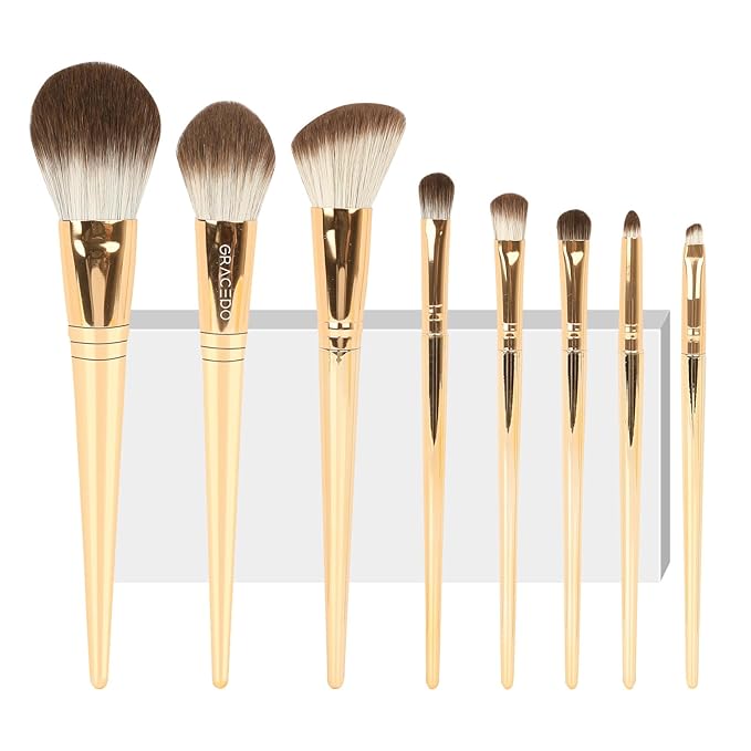 8pcs Gold Makeup Brush Set for All Skill Levels Easy Clean Soft Lint Free Brushes Travel Friendly Kit Foundation Powder Eyeshadow Blush Contour-Velvo Beauty
