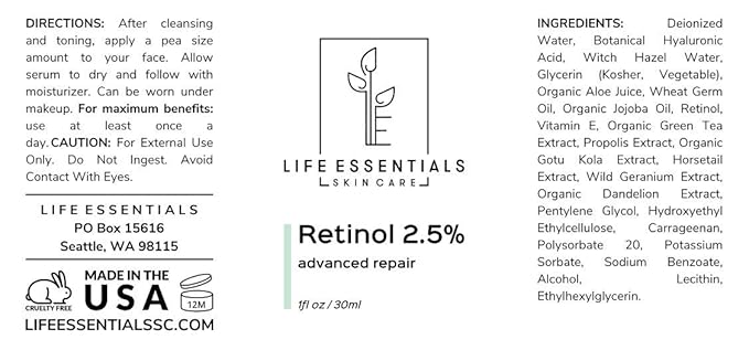 Life Essentials Retinol Serum 2.5% for Wrinkles, Fine Lines, Acne Scars, & Skin Blemishes- Vitamin A + Hyaluronic Acid, Vitamin E, Organic Green Tea, Jojoba Oil - Organic and Natural-Velvo Beauty