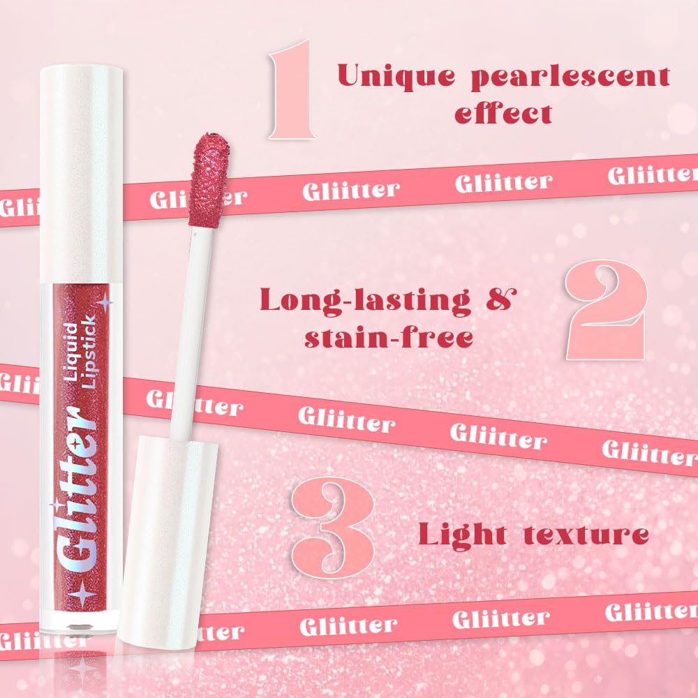 Dark Pink Metallic Lipstick for Women,Lightweight Glitter Sparkling Liquid Lipsticks,Shimmer Lip Gloss Stain Long Lasting Waterproof Smudge Proof Non-Drying 24 Hour Full Coverage Lip Makeup,Vegan-Velvo Beauty
