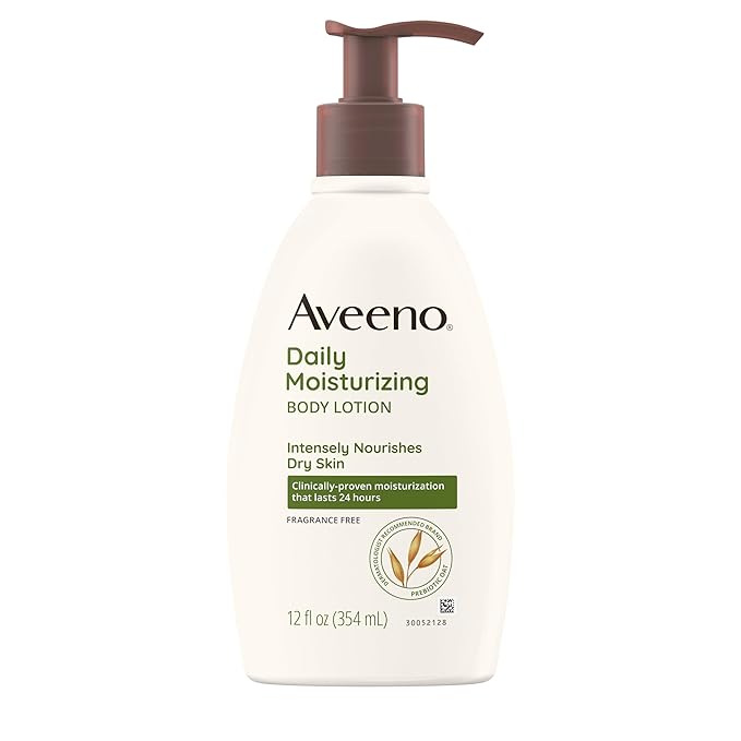 Aveeno Daily Moisturizing Body Lotion with Soothing Prebiotic Oat, Gentle Lotion Nourishes Dry Skin With Moisture, Paraben-, Dye- & Fragrance-Free, Non-Greasy & Non-Comedogenic, 12 fl. Oz-Velvo Beauty
