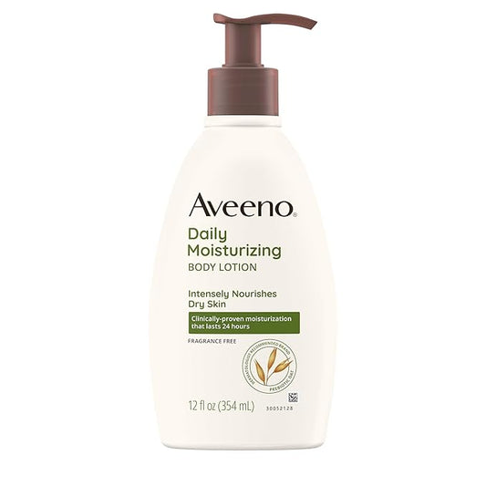 Aveeno Daily Moisturizing Body Lotion with Soothing Prebiotic Oat, Gentle Lotion Nourishes Dry Skin With Moisture, Paraben-, Dye- & Fragrance-Free, Non-Greasy & Non-Comedogenic, 12 fl. Oz-Velvo Beauty