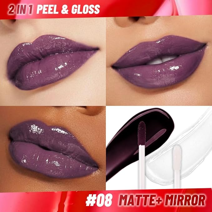 Lip Stain Peel Off Lip Gloss oil Dual-Ended Combo, Deep Berry Lips Liner Stain Peel Off Tattoo, Long Lasting & Waterproof, Transfer-Proof Lip Tint Stain with Lip oil for All Skin Type 08#-Velvo Beauty