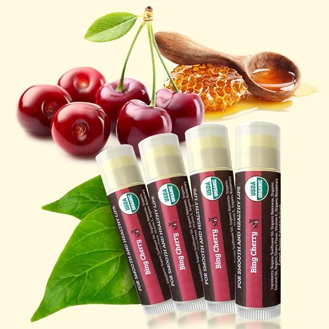 USDA Organic Lip Balm 4-Pack by Earth's Daughter - Cherry Flavor, Beeswax, Coconut Oil, Vitamin E - Best Lip Repair Chapstick for Dry Cracked Lips.-Velvo Beauty