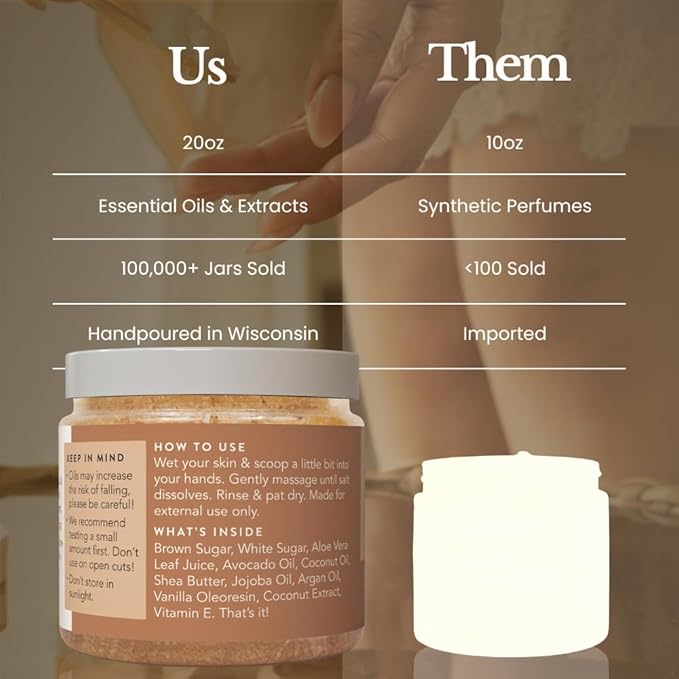 Bare Botanics Brown Sugar Body Scrub 20 oz - Naturally Scented Coconut Vanilla Sugar Scrub Made in Madison, WI - Formulated w/Skin Loving Moisturizers - Vegan, Cruelty Free w/a Cute Wooden Spoon-Velvo Beauty