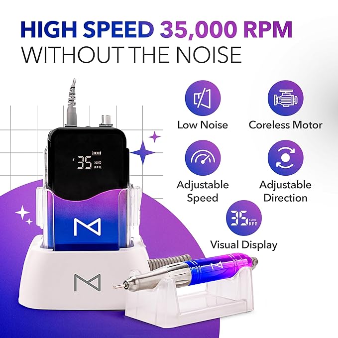 M Mase- Professional Nail Drill Machine - Coreless 2-in-1 Nail File - Electric, Cordless, 35000 RPM, HD Display - Electric Nail Drill for Professional & Home Use (Unicorn Pink Blue)-Velvo Beauty