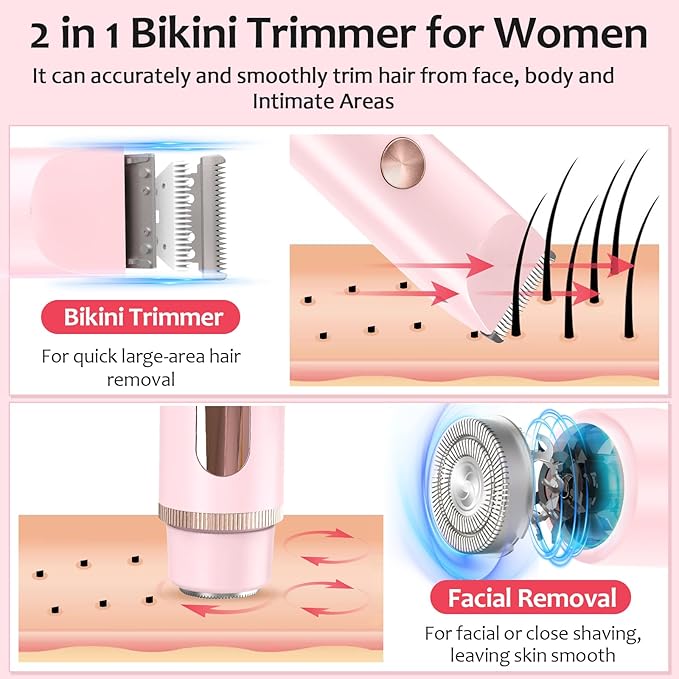 2025 Upgraded Bikini Trimmer for Women - 2 in 1 Dermave Bikini Shaver with LED Display, Dual Head Cordless Electric Shaver, IPX7 Waterproof Wet/Dry Body Hair Trimmer for Face, Body & Intimate Areas-Velvo Beauty