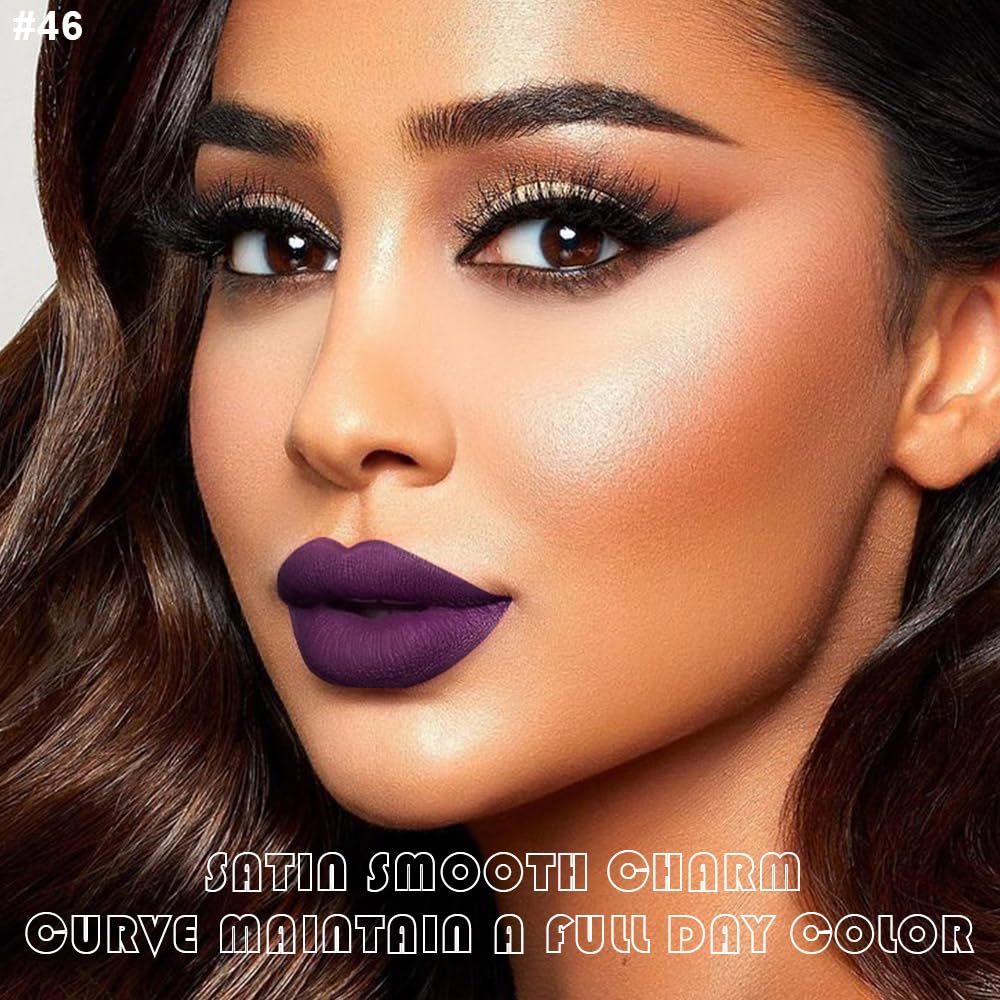 evpct 2Pcs Dark Deep Purple Matte Liquid Lipstick Lip Gloss Stain and Retractable Lip Liner Makeup Set for Women Long Lasting Waterproof 24 Hours Lipstick labial mate larga duracion 24 46#-Velvo Beauty