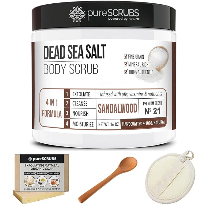 pureSCRUBS Premium Sandalwood Body Scrub Set - Large 16oz Dead Sea Salt Body Scrub With Infused Essential Oils & Nutrients, Includes Wooden Spoon, Loofah & Oatmeal Exfoliating Bar Soap-Velvo Beauty