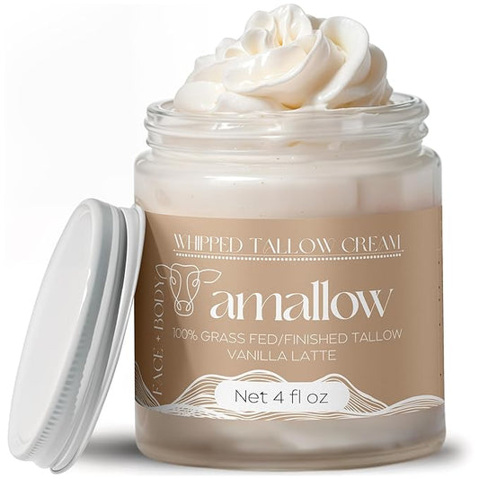 Amallow 100% Grass Fed Beef Tallow for Skin Care - Face + Body - Whipped Moisturizer - Natural Lotion, 4 FL. oz. (Vanilla Latte)-Velvo Beauty