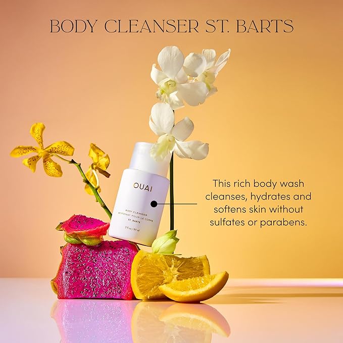 OUAI Body Cleanser, St. Barts Travel Size - Foaming Body Wash with Jojoba Oil & Rosehip Oil to Hydrate, Balance & Soften Skin - Paraben, Phthalate & Sulfate Free Skin Care Products (3 fl oz)-Velvo Beauty
