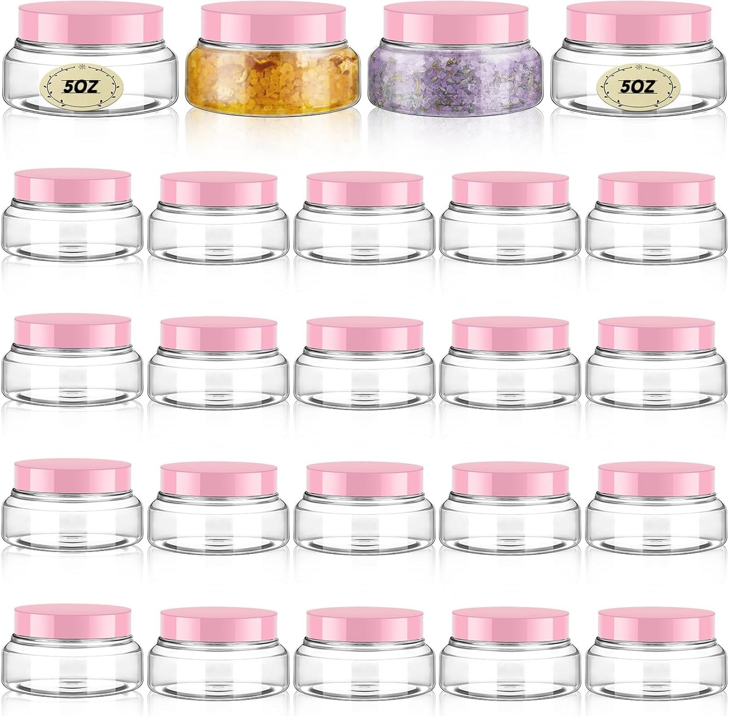 Tessco 24 Pack Plastic Jars with Lids Labels Empty Clear Plastic Jars Round Refillable Cosmetic Containers Body Butter Containers Bulk Sugar Scrub Bottle for Make Up(5 oz,Clear, Pink)-Velvo Beauty