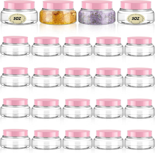 Tessco 24 Pack Plastic Jars with Lids Labels Empty Clear Plastic Jars Round Refillable Cosmetic Containers Body Butter Containers Bulk Sugar Scrub Bottle for Make Up(5 oz,Clear, Pink)-Velvo Beauty