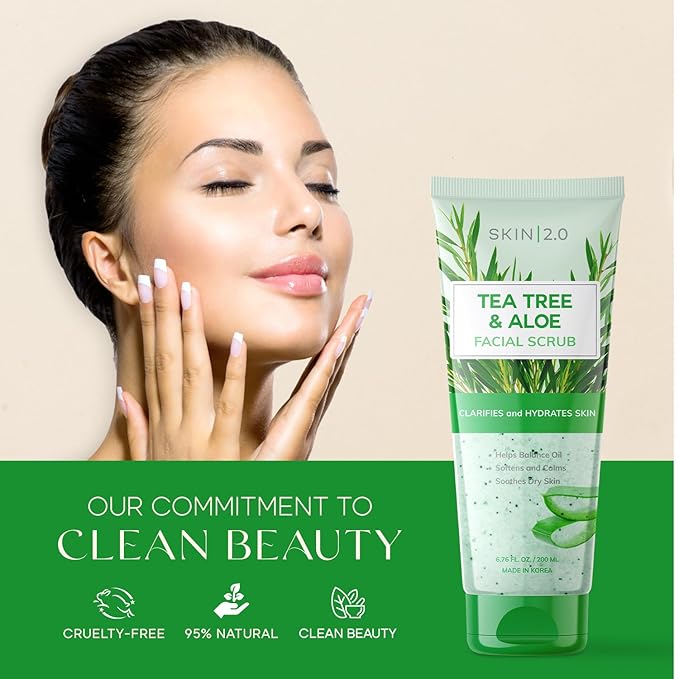 Tea Tree & Aloe Exfoliating Scrub - Dermatologist Tested, Multi-Tasking Cleanser, Clears Skin - Anti-Aging, Clean Beauty, Cruelty-Free Korean Skincare for All Skin Types - 6.76 Fl Oz / 200ML-Velvo Beauty