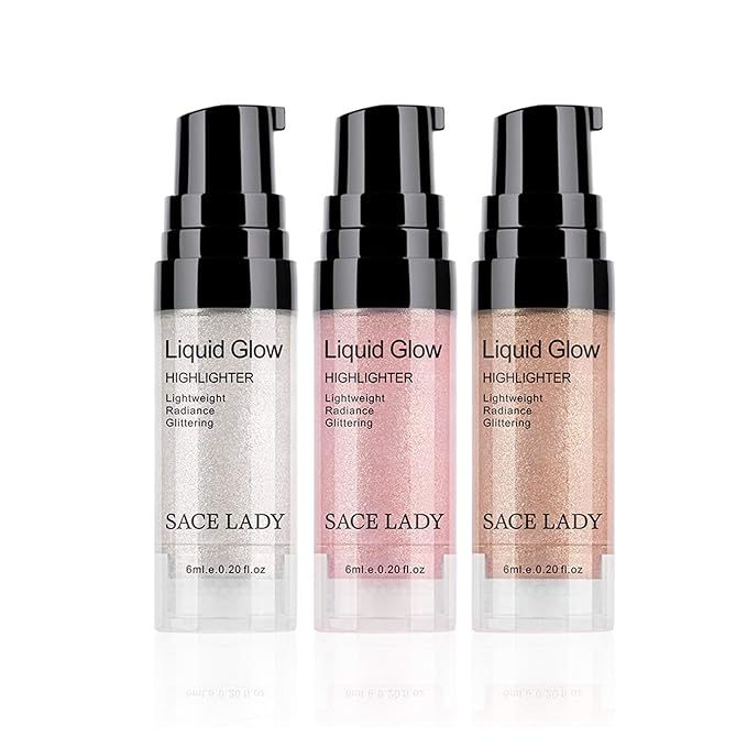 SACE LADY Liquid Highlighter Makeup Set Shimmer And Shine Ultra-Smooth Radiant Illuminator Kit For Face Cheekbone Body Glow Bronzer Glitter Illuminating Highlighters Makeups 3 Pack (3×6ml/0.2Fl Oz)