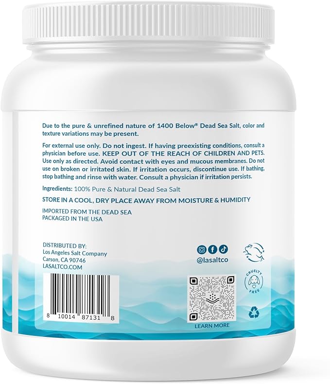 1400 Below 5 Lbs Jar Dead Sea Salt, Fine Grain - Foot and Spa Bath Soak, Exfoliating Body Scrub, 100% Pure and Mineral-Rich, Highest Mineral Content – Natural Muscle Tension Relief-Velvo Beauty