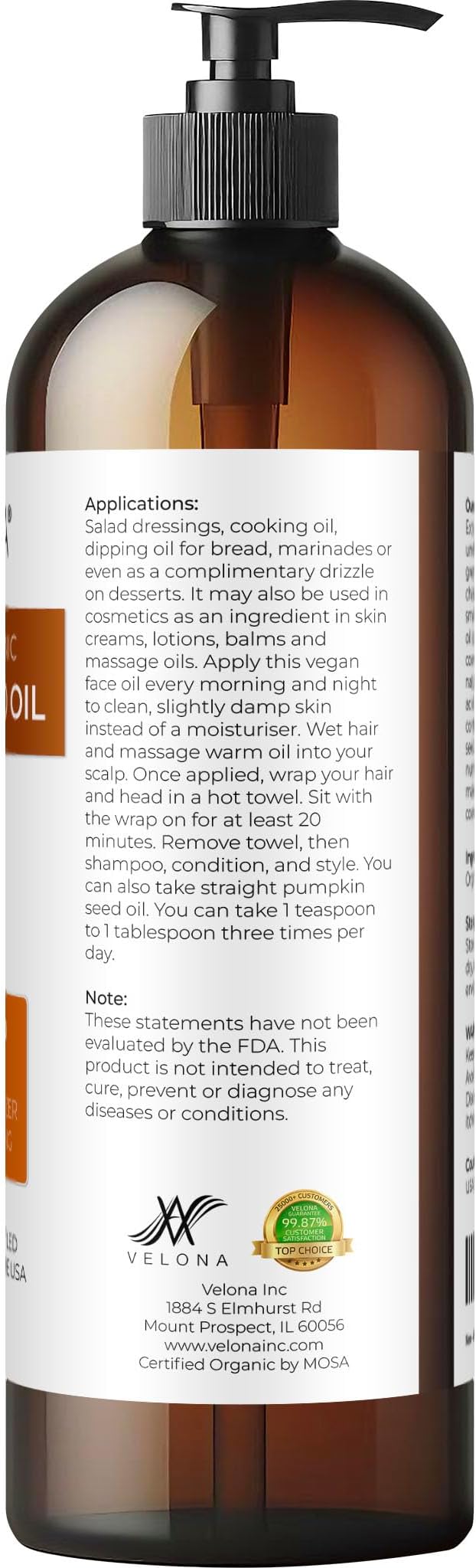 velona Pumpkin Seed Oil USDA Certified Organic - 16 Fl Oz | 100% Pure and Natural Carrier Oil | Unrefined, Cold Pressed | Cooking, Face, Hair, Body & Skin Care | Use Today - Enjoy Result-Velvo Beauty
