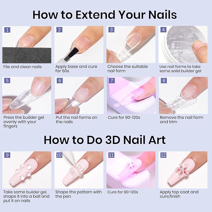 MIZHSE Solid Builder Gel Nail Kit with Nail Lamp, 3 Colors Builder Gel Clear Milky White Nude Hard Sculpting 3D Art U V LED Gels with Dual Form-Velvo Beauty