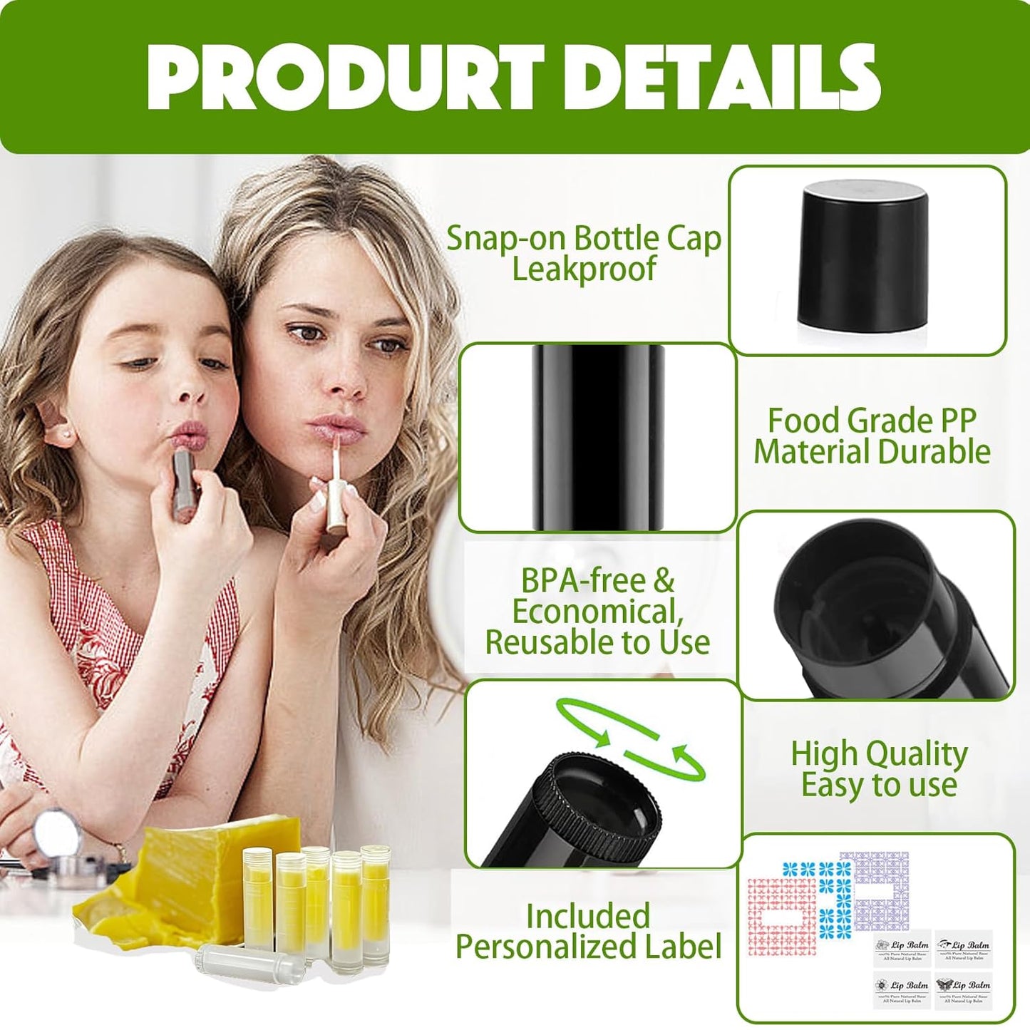 Lip Balm Tubes with Filling Tray and Spatula, 60 Empty Lip Balms Containers with Caps (Clear+Black), 60 Writeable and 60 Printed Stickers, BPA Free, Make Natural Lip Balm Kit for DIY-Velvo Beauty